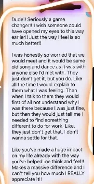 Text message from a rep saying he was skeptical going in, but the coaching conversations changed how he thinks and feels and made a huge impact on his life already.