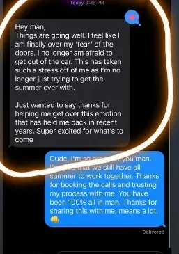 Text message from a rep saying he has finally gotten over his fear of getting out of the car to knock doors, after it stressed him out for recent summers.