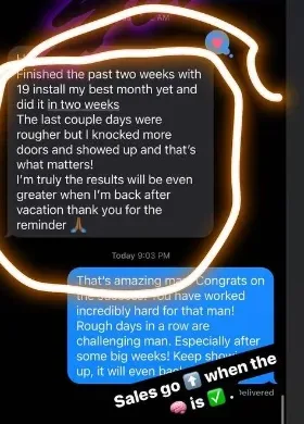 Text message from a rep reporting his best month yet, 19 installs in two weeks, and crediting showing up consistently even through rougher days.