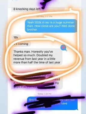 Text exchange with a rep closing in on a $200k season, reporting he has already doubled last year’s revenue in a little more than half the time. Part of the exchange is redacted in the original screenshot.